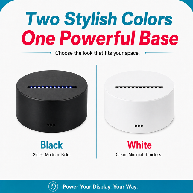 Led bases, one black and one white, with text describing their colors and attributes on a white background.