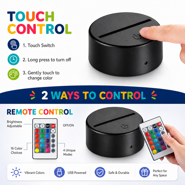 Black round control device with touch and remote control features, shown with a hand interacting with it.